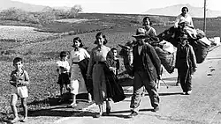 Black and white photo: nine people, around half of whom are children, and two laden donkeys, walk a paved road through countryside