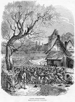 A scrummage in a La soule game in Basse Normandie, France, 1852