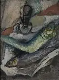 "Ode to 1930th" (fish composition with glass) oil on canvas sm.40X30