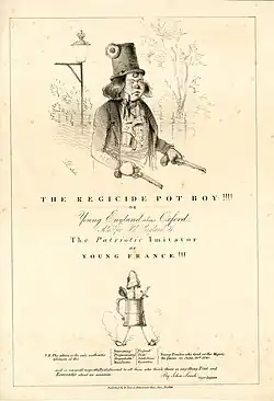 Satirical drawing of Oxford, showing him holding two pistols and carrying or wearing French revolutionary accessories