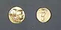 Gold stater of Alexander the Great. Obverse: Athena wearing Corinthian helmet. Reverse: Nike holding stylis and wreath. Possibly minted in Abydos c. 328–323&nbsp;BC.