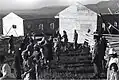Early construction work on Ma'ayan Baruch on 1 March 1947. The 3 members of the British colonial Palestine Police Force pictured here include Amnon Assaf, founder of the Upper Galilee Museum of Prehistory.[10]