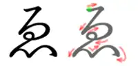 Diagram showing the stroke order of the character: on the left, the finished character; on the right, a grayed-out version with small red arrows showing the stroke order, with a green dot showing the beginning point of the stroke.