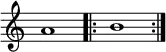 {
\override Score.TimeSignature #'stencil = ##f
{
\relative c'' {
\time 4/4
a1
\repeat volta 2 { b1 }
}
} }