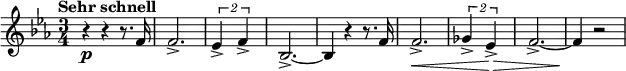 { \new PianoStaff <<
\new Staff \relative f' { \set Staff.midiInstrument = #"french horn" \key es \major \clef treble \time 3/4 \set Score.tempoHideNote = ##t \tempo "Sehr schnell" 4 = 195
r4 \p r4 r8. f16 | % 2
f2. -> | % 3
\times 3/2 {
es4 -> f4 ->
}
| % 4
bes,2. ~ -> | % 5
bes4 r4 r8. f'16 | % 6
f2. \< -> | % 7
\times 3/2 {
ges4 -> es4 \! \> ->
}
| % 8
f2. ~ -> | % 9
f4 \! r2
}
>> }