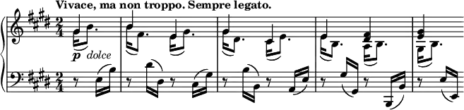 \version "2.14.1"
\relative c'' {
\new PianoStaff <<
\new Staff {
\set Score.tempoHideNote = ##t
\tempo "Vivace, ma non troppo. Sempre legato." 4=120
\key e \major
\time 2/4
<<
{ \partial 4 gis4
b4 e,4
gis4 cis,4
e4 <dis fis>4
<e gis>4 }
\\
{ gis16_\markup{\dynamic p \italic " dolce"}( b8.)
b16( fis8.) e16( gis8.)
gis16( dis8.) cis16( e8.)
e16( b8.) a16( b8.)
gis16( b8.) }
>>
}
\new Staff {
\key e \major
\clef bass
r8 e,16( b'16)
r8 dis16( dis,16) r8 cis16( gis'16)
r8 b16( b,16) r8 a16( e'16)
r8 gis16( gis,16) r8 b,16( b'16)
r8 e16( e,16)
}
>>
}