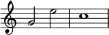  \relative c' { \override Score.TimeSignature #'stencil = ##f g'2 e'2 c1 } 