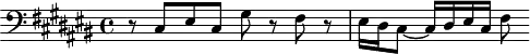 
\version "2.18.2"
\header {
  tagline = ##f
}

\score {
  \new Staff \with {

  }
<<
  \relative c {
    \clef bass 
    \key cis \major
    \time 4/4
    \set Staff.midiInstrument = #"harpsichord"

     %% SUJET fugue CBT II-3, BWV 872, ut-dièse majeur
     r8 cis8 eis cis gis' r8 fis r8 | eis16 dis cis8~ cis16 dis eis cis | fis8

  }
>>
  \layout {
     \context { \Score \remove "Metronome_mark_engraver" }
  }
  \midi {} 
}
