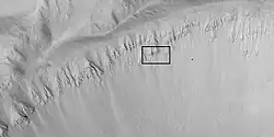 Crater wall with columnar jointing in the location of the box Columnar joints are easily seen in the enlarged image that follows. Picture taken with HiRISE.