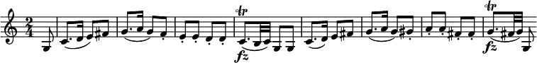 
\relative a { 
\key c \major
\time 2/4 
\tempo ""
\tempo 4 = 60
\partial 8
g8
c8. (d16 e8) fis
g8. (a16 g8) f\staccato
e\staccato e\staccato d\staccato d\staccato
c8.\fz\trill (b32 c32) g8 g8
c8. (d16) e8 fis
g8. (a16 g8) gis\staccato
a\staccato a\staccato fis\staccato fis\staccato
g8.\fz\trill (fis32 g) g,8 
}
