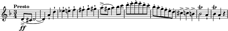 {
\new PianoStaff <<
\new Staff \relative d' {
\set Staff.midiInstrument = #"string ensemble 1" \key d \minor \clef treble \time 3/4 \set Score.tempoHideNote = ##t \tempo "Presto" 4 = 250
d8 \ff ( -> cis8 d2 ~ | % 2
d4 ) a'4 -! d4 -! | % 3
es4 -! e4 -! f4 -! | % 4
fis4 -! g4 -! gis4 -! | % 5
a8 ( -> gis8 a4 ) bes8 c8 | % 6
d8 -. e8 -. f8 -. e8 -. d8 -. c8 -. | % 7
bes8 -. a8 -. g8 -. f8 -. e8 -. d8 -. | % 8
cis4 -> c4 -> b4 -> | % 9
bes2 \trill a4 -! |
bes4 \trill a4 -! r4
}
>>
}