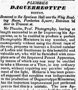 Detail of advertisement for Plumbe's daguerreotypes, in "the spacious hall over the Whig Reading Room, Pemberton Square," 1841