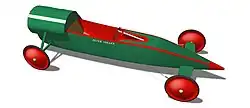 A new-generation lay-down racer piloted by Peter Miller, who won the 1969 championship. The best cars that race today in the Soap Box Derby are lay-downs.