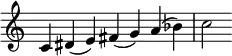  {
\override Score.TimeSignature #'stencil = ##f
\relative c' {
  \clef treble \time 7/4
  c4 dis (e) fis (g) a (bes) c2
} }
