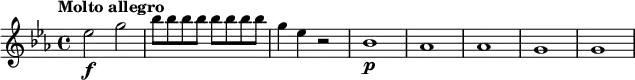 \relative c'' { \set Staff.midiInstrument = #"string ensemble 1"
\key es \major
\tempo "Molto allegro" \set Score.tempoHideNote = ##t \tempo 2 = 164
es2\f g |
\repeat unfold 8 { bes8 } |
g4 es r2 |
bes1\p | as | as | g | g |
}