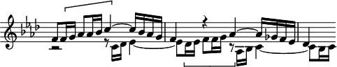 
\version "2.18.2"
\header {
  tagline = ##f
}

\score {
  \new Staff \with {
    \remove "Time_signature_engraver"
  }
<<
  \relative c' {
    \key f \minor
    \time 4/4

     %% Divertissements — fugue CBT I-12, BWV 857, fa mineur
     << { f8 \[ f16 g aes8 aes16 bes c4~ \] c16 bes aes g | f4 r4 aes4~ aes16 ges f ees |des4 } \\ { r2 r8 c16 des ees4~ ees8 \[ des16 ees f8 f16 g r8 \] aes,16 bes c4~ c8 bes16 c } >>

  }
>>
  \layout {
     \context { \Score \remove "Metronome_mark_engraver"
     \override SpacingSpanner.common-shortest-duration = #(ly:make-moment 1/2)
}
  }
  \midi {}
}
