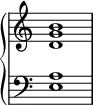  {
\override Score.TimeSignature #'stencil = ##f
\relative c' { \new PianoStaff << 
  \new Staff { \clef treble \time 4/4 \hide Staff.TimeSignature <d g b>1 } 
  \new Staff { \clef bass \time 4/4 \hide Staff.TimeSignature  <e, a>1 }
>> } }
