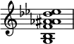  {
\override Score.TimeSignature #'stencil = ##f
\relative c' {
   \clef treble
   \time 4/4
   \key c \major
   \textLengthOn
   <g b f' aes ais des es>1
} }

