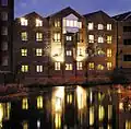 Rear view of 42 The Calls Hotel at night