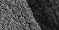 Yardangs and layers, as seen by HiRISE under HiWish program Arrows point to some yardangs.
