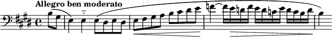 \relative c' { \set Staff.midiInstrument = #"bassoon"
\tempo "Allegro ben moderato"
\tempo 4 = 116
\clef bass
\key e \major
\time 4/4
\partial4 b8( gis e4) e-_ e8( dis e dis e\< fis gis a b cis dis e\! f4~f16 e\> d f e d c e d c b d\! b4)
}