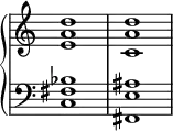  {
\override Score.TimeSignature #'stencil = ##f
\relative c' { \new PianoStaff << 
  \new Staff { \clef treble \time 4/4 <e a d>1 <c a' d>1 } 
  \new Staff { \clef bass \time 4/4 <c, fis bes>1 <fis, e' ais>1 }
>> } }
