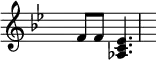 \relative
 { \set Score.tempoHideNote = ##t \tempo 4 = 80 \set Staff.midiInstrument = #"vibraphone"
  \key bes \major
  \time 2/4 \hide Staff.TimeSignature
     f'8 f8 <aes, c es>4.
  }