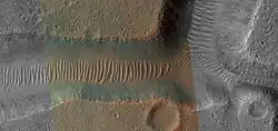 Close, color view of TAR's in a channel,as seen by HiRISE under HiWish program Only part of the image is in color because HiRISE only takes a 1 km wide color strip.