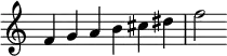  {
\override Score.TimeSignature #'stencil = ##f
\relative c' { 
  \clef treble \time 6/4
  f4 g a b cis dis f2
} }
