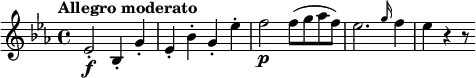 \relative c' {
\key es \major
\tempo "Allegro moderato"
es2-.\f bes4-. g'-. | es-. bes'-. g-. es'-. | f2\p f8( g as f) | es2. \grace g16 f4 | es r r8
}