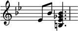 \relative
 { \set Score.tempoHideNote = ##t \tempo 4 = 80 \set Staff.midiInstrument = #"vibraphone"
  \key bes \major
  \time 2/4 \hide Staff.TimeSignature
     es'8 bes'8 <b, ees ges bes>4.
  }