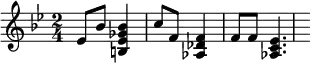 \relative
 { \set Score.tempoHideNote = ##t \tempo 4 = 110 \set Staff.midiInstrument = #"vibraphone"
  \key bes \major
  \time 2/4
     es'8 bes'8 <b, ees ges bes>4 c'8 f,8 <aes, des f>4 f'8 f8 <aes, c es>4.
  }