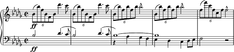 { \new PianoStaff <<
\new Staff \relative bes' { \set Staff.midiInstrument = #"piano" \key bes \minor \clef treble \time 2/2 \set Score.tempoHideNote = ##t \tempo 2 = 50
\once \override TupletBracket #'stencil = ##f
\times 4/6 {
bes8 \ff ( bes'8 ) f8 bes,8 f8 bes8
}
des'4. c8 | % 2
\once \override TupletBracket #'stencil = ##f
\times 4/6 {
bes,8 ( bes'8 ) f8 bes,8 f8 bes8
}
des'4. c8 | % 3
\noBreak \once \override TupletBracket #'stencil = ##f
\times 4/6 {
bes,8 ( bes'8 ) f8 bes8 f8 bes8 \noBreak
}
bes2 ^^ | % 4
\noBreak \once \override TupletBracket #'stencil = ##f
\times 4/6 {
bes,8 ( bes'8 ) f8 bes8 f8 bes8
}
bes2 ^^ | % 5
\once \override TupletBracket #'stencil = ##f
\times 4/6 {
f8 ( f'8 ) c8 f,8 c8 f8
}
f2 ^^
}
\new Staff { \set Staff.midiInstrument = #"piano"
<<
\new Voice \relative bes {
\clef "bass" \key bes \minor \stemUp \time 2/2
bes2 des4. ^( c8 | % 2
bes2 ) des4. ^( c8 | % 3
bes1 ) ~ | % 4
bes1 | % 5
}
\relative as {
\clef "bass" \key bes \minor \stemDown \time 2/2 s1*2 \ff | % 3
r4 as4 ges4 f4 | % 4
es4 des4 c4 des8 es8 | % 5
f2 r2 } >> }
>> }