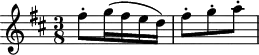 
X:4
K:D
M:3/8
L:1/4
.f/(g//f//e//d//)| .f/.g/.a/ |

