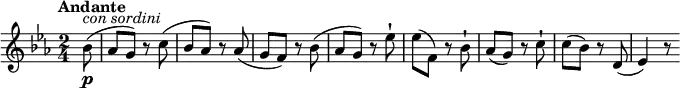 
\relative c''' {
  \tempo "Andante"
  \key ees \major
  \time 2/4
  \tempo 4 = 50
  \partial 4 \partial 8 bes,8\p^\markup { \italic {con sordini} } (aes g) r8
  c8 (bes aes) r8
  aes (g f) r8 bes (aes g) r8
  ees'-! ees (f,) r8 bes-!
  aes (g) r8 c-!
  c (bes) r8
  d, (ees4) r8
}
