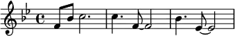 \relative
{
\key g \minor
\time 4/4
f'8 bes8 c2.
c4. f,8 ~ f2
bes4. es,8 ~ es2
}