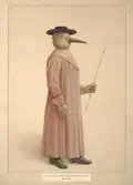 Physician in plague preventive costume, as described by Manget