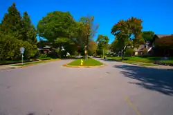 A view of Kensington Boulevard northward from its intersection with Nevada Avenue in the Kensington Boulevard Historic District. Kensington is divided by planted esplanades (central reservations) along its entire length through the district.