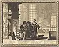 Old man by fireplace with two attendants