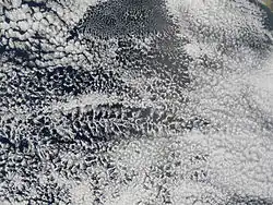 Here, an actinoform cloud can be seen in the center, while an open-cell formation of stratocumulus clouds is at the center top.