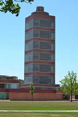 The facade of the Research Tower, which is made of brick and glass tubes