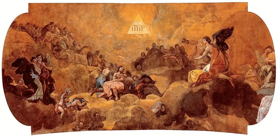 Against a background of clouds groups of angels contemplate the name of God, inscribed on an equilateral triangle