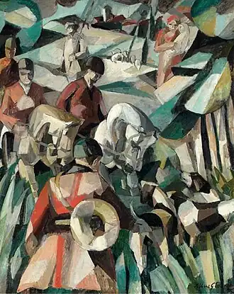 Albert Gleizes, 1911, La Chasse (The Hunt), oil on canvas, 123.2 x 99&nbsp;cm. Published in L'Intransigeant, 10 October 1911, "Les Peintres Cubistes" 1913, by G. Apollinaire, and Au Salon d'Automne, Revue d'Europe et d'Amerique, Paris, October 1911