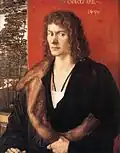 Portrait of Oswolt Krel, 1499, oil on limewood, 49.6&nbsp;×&nbsp;39&nbsp;cm, Alte Pinakothek, München. Krel was a merchant from Lindau.