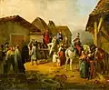 Soldiers Resting in a Village, A Cavalry Officer Holding an Austrian Banner, oil on canvas