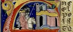 A crowned woman riding a horse, surrounded by mounted knights before the walls of a town