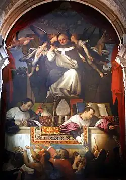 The Alms of St Anthony, oil on wood painting by Lorenzo Lotto, showing a Lotto carpet, 1542