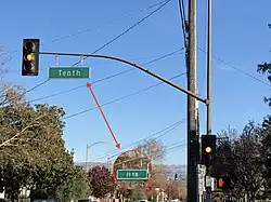 Alternating numeral and spelled-out street name signs in San Jose, California