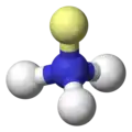The electron pair arrangement of ammonia is tetrahedral: the two lone electrons are shown in yellow, the hydrogen atoms in white
