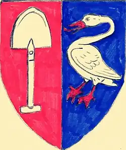 Coat of arms Graeff (ancient). The family coat of arms with the silver spade on a red (Von Graben) and silver swan on a blue background (De Grebber) was first documented in 1543 by Jan Pietersz Graeff.[10]